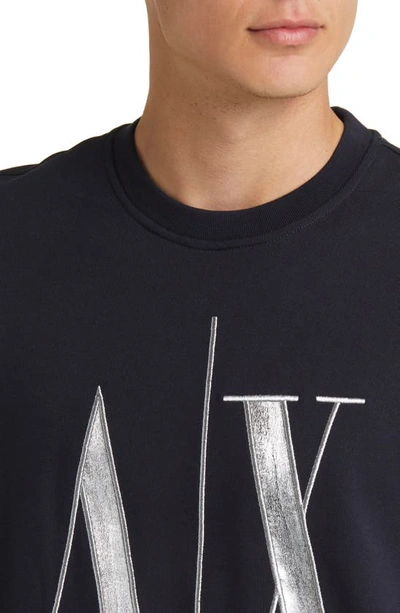 Shop Armani Exchange Embroidered Metallic Icon Logo Sweatshirt In Navy