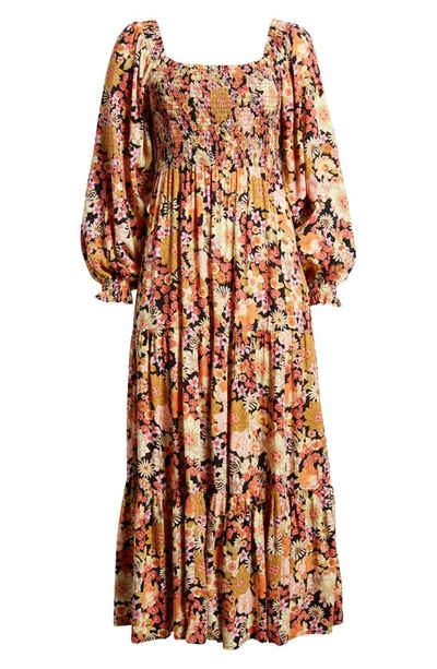 Shop Rip Curl Mystic Floral Smocked Long Sleeve Maxi Dress In Black Multi
