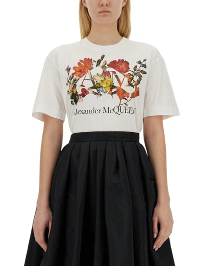 Shop Alexander Mcqueen T-shirt With Logo And Dutch Flower Motif In White