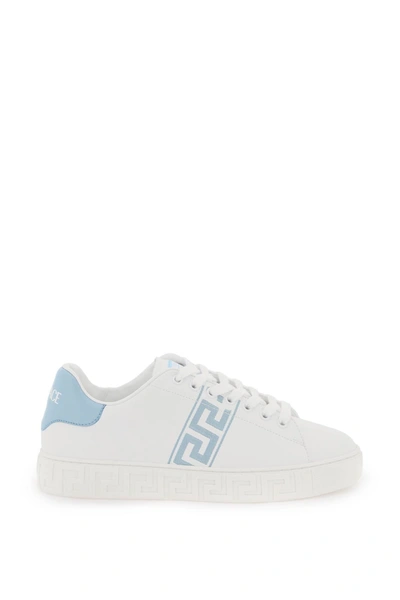 Shop Versace Greca Sneakers With Embroidery In White, Light Blue