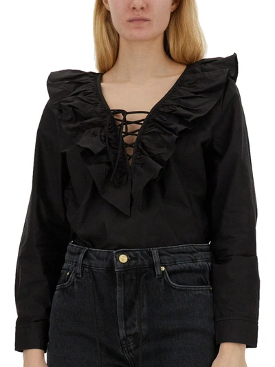 Shop Ganni Blouse With Ruffles In Black