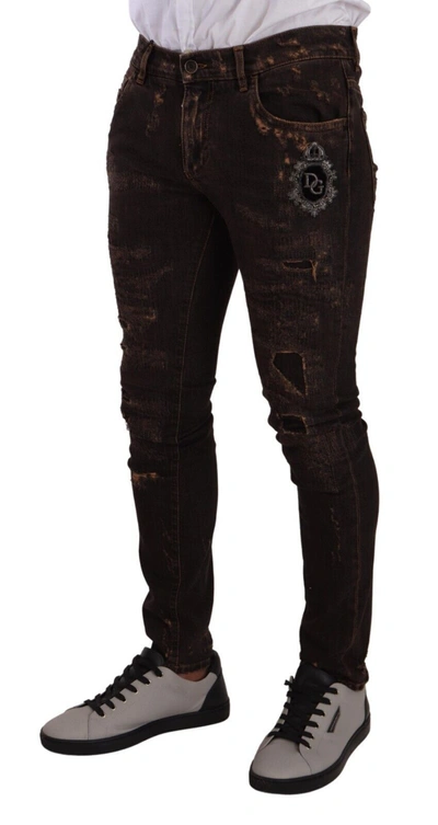 Shop Dolce & Gabbana Slim Fit Distressed Skinny Denim Men's Jeans In Brown