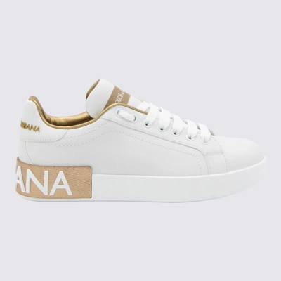 Shop Dolce & Gabbana White And Gold-tone Leather Sneakers