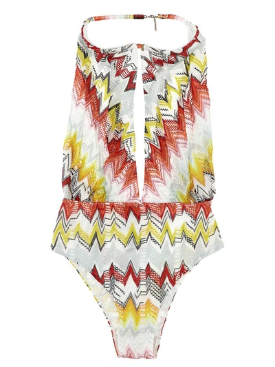 Shop Missoni Patterned One-piece Swimsuit Wide Neckline In Multicolor