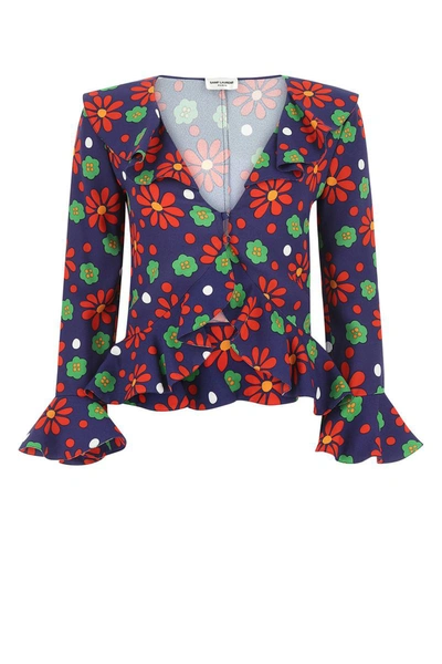 Saint Laurent Floral-print Ruffle Crop Top In 4368