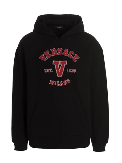Versace Hooded Cotton Logo Sweatshirt In Black