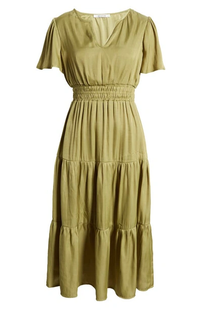 Shop Zoe And Claire Split Neck Tiered Midi Dress In Light Olive