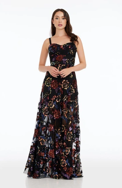 Dress The Population Anabel Sequin Floral Gown In Black Multi