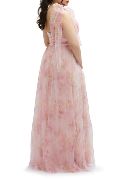 Dessy Collection Floral Scarf Tie One-shoulder Tulle Dress With Long Full Skirt In Rose Garden