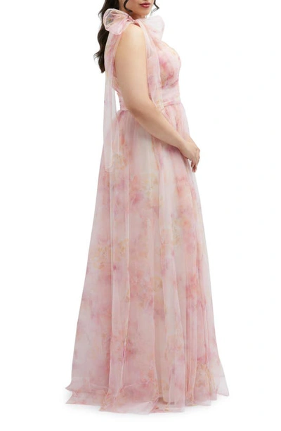 Dessy Collection Floral Scarf Tie One-shoulder Tulle Dress With Long Full Skirt In Rose Garden