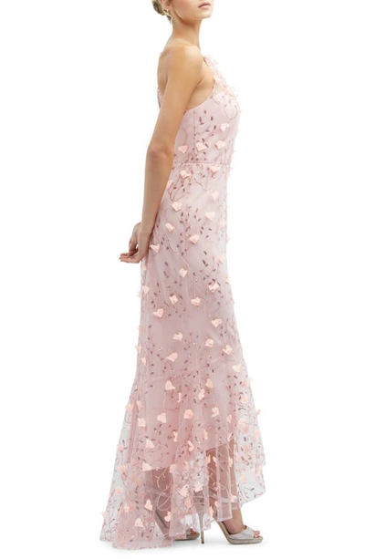 Dessy Collection Sheer Halter Neck 3d Floral Embroidered Dress With High-low Hem In Rose