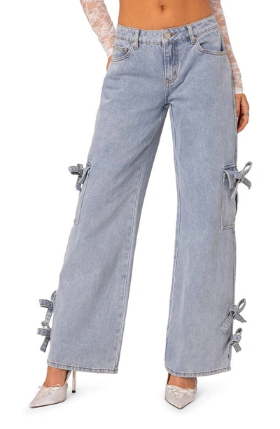 Shop Edikted Bows 4 Days Low Rise Wide Leg Cargo Jeans In Light-blue