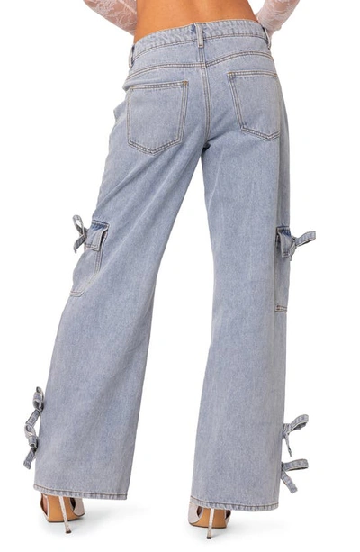 Shop Edikted Bows 4 Days Low Rise Wide Leg Cargo Jeans In Light-blue