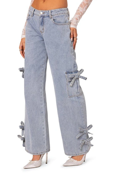 Shop Edikted Bows 4 Days Low Rise Wide Leg Cargo Jeans In Light-blue