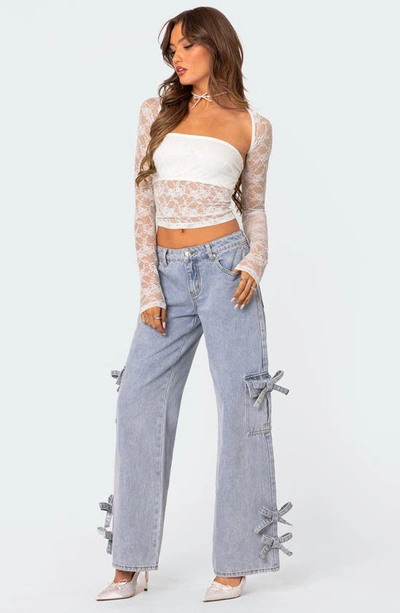 Shop Edikted Bows 4 Days Low Rise Wide Leg Cargo Jeans In Light-blue