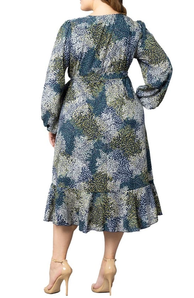 Shop Kiyonna Julia Long Sleeve Midi Wrap Dress In Blue Impressionist Print