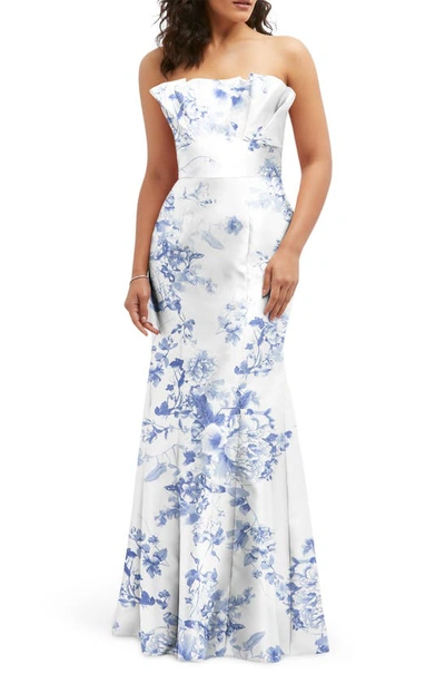 Shop Alfred Sung Floral Ruffle Strapless Trumpet Gown In Cottage Rose-larkspur Print