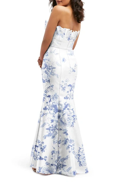 Shop Alfred Sung Floral Ruffle Strapless Trumpet Gown In Cottage Rose-larkspur Print