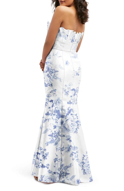 Alfred Sung Floral Ruffle Strapless Trumpet Gown In Cottage Rose-larkspur Print