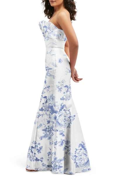 Alfred Sung Floral Ruffle Strapless Trumpet Gown In Cottage Rose-larkspur Print