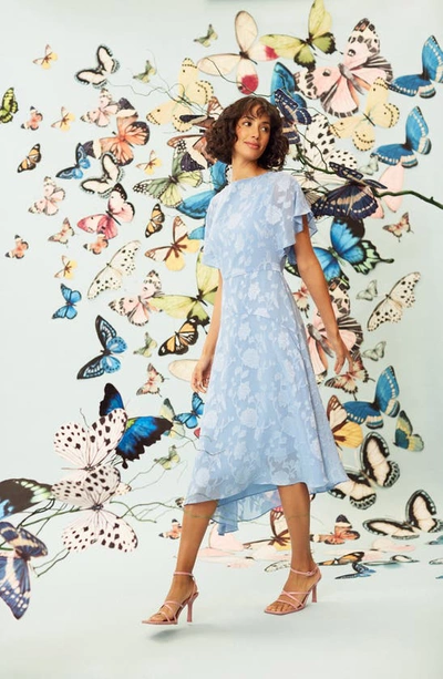 Shop Maggy London Floral Jacquard Asymmetric Midi Dress In Azurine