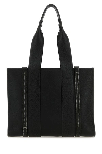 Shop Chloé Chloe Woman Black Leather Medium Woody Shopping Bag