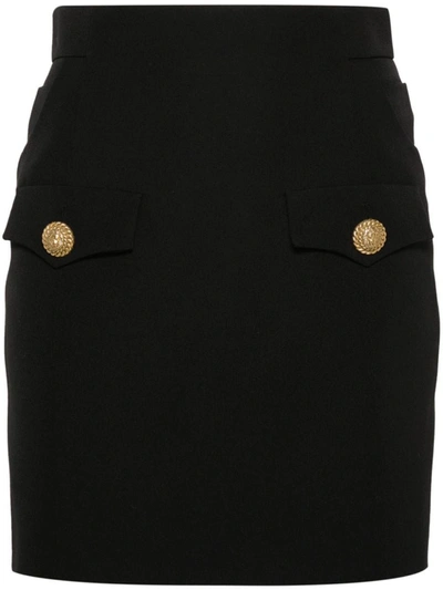 Shop Balmain Buttoned Wool Mini Skirt In Black