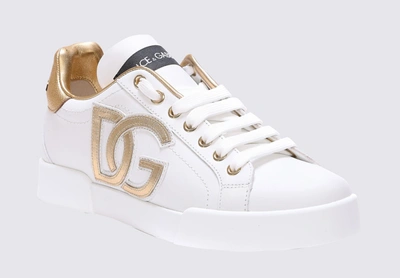 Shop Dolce & Gabbana White And Gold-tone Leather Portofino Sneakers