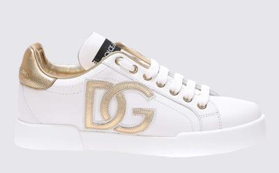 Shop Dolce & Gabbana White And Gold-tone Leather Portofino Sneakers