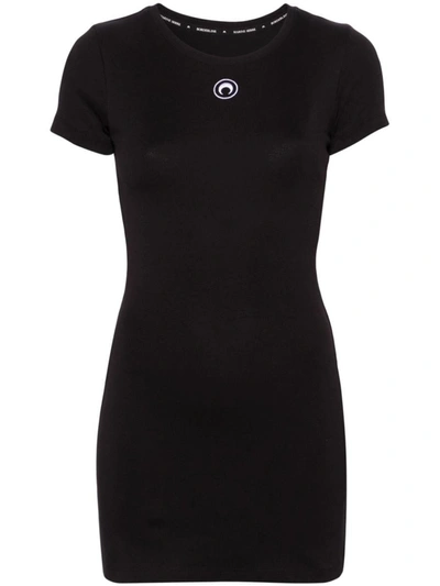 Shop Marine Serre Logo Organic Cotton Mini Dress In Black