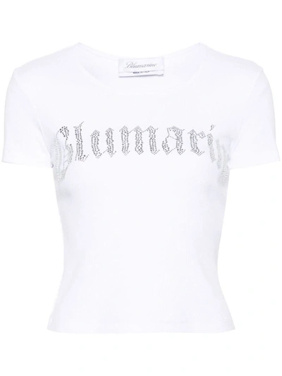 Shop Blumarine Logo Ribbed Cotton Cropped T-shirt In White