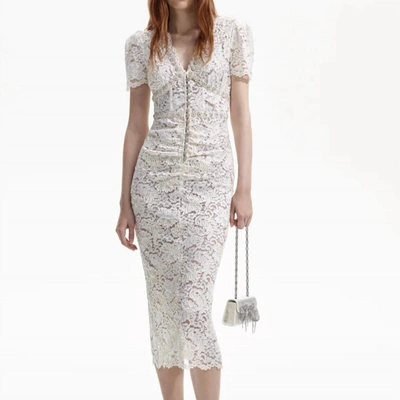 Shop Self-portrait Cord Lace V-neck Midi Dress In Cream In White