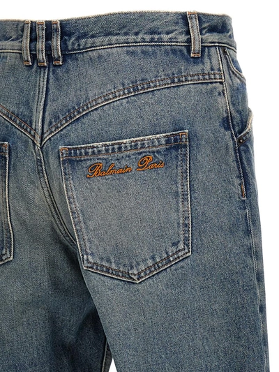Shop Balmain Logo Embroidery Denim Jeans In Blue