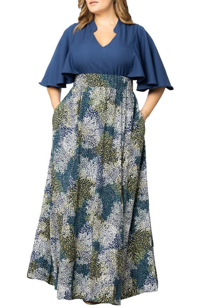 Shop Kiyonna Avisa Flutter Sleeve Maxi Dress In Blue Impressionist Print