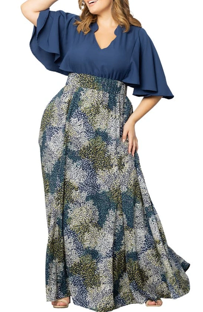 Shop Kiyonna Avisa Flutter Sleeve Maxi Dress In Blue Impressionist Print