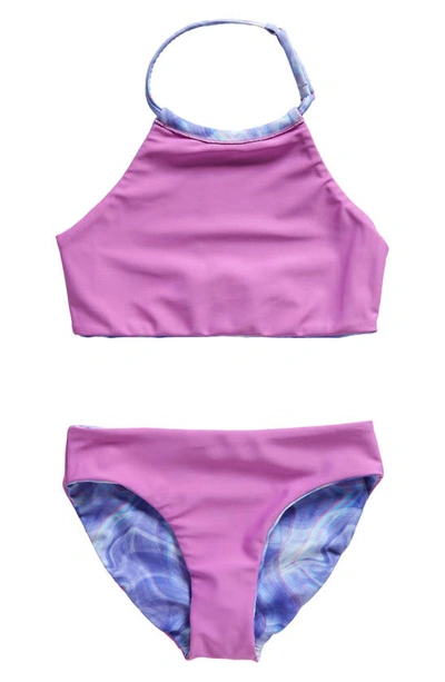 Shop Zella Girl Kids' Just Breathe Reversible Two-piece Swimsuit In Purple Iris Soft Lines