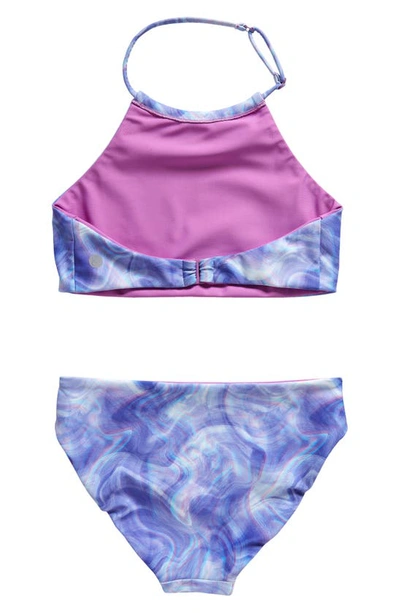Shop Zella Girl Kids' Just Breathe Reversible Two-piece Swimsuit In Purple Iris Soft Lines