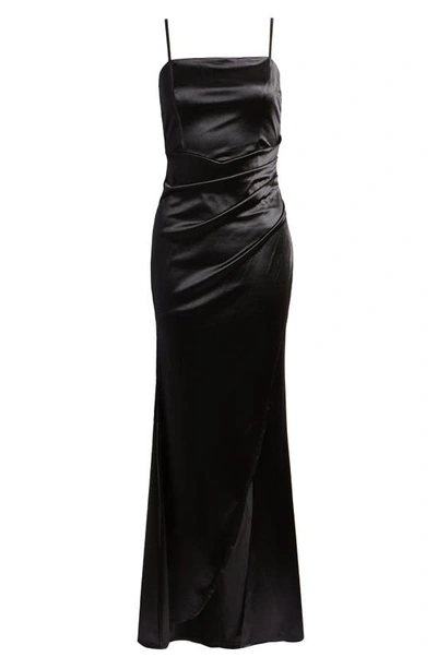 Shop Emerald Sundae Ruched Satin Gown In Black