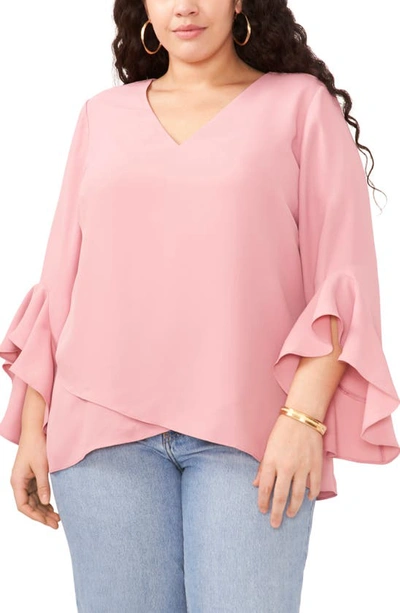 Shop Vince Camuto Flutter Sleeve Crossover Georgette Tunic Top In Pink Shadow