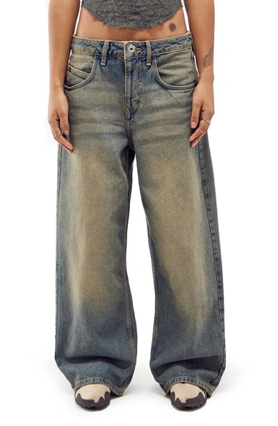 Bdg Urban Outfitters Jaya Tinted Side Zip Low Rise Wide Leg Jeans In Green Tint Vintage