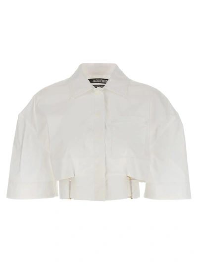 Shop Jacquemus 'la Chemise Courte Bari' Cropped Shirt In White
