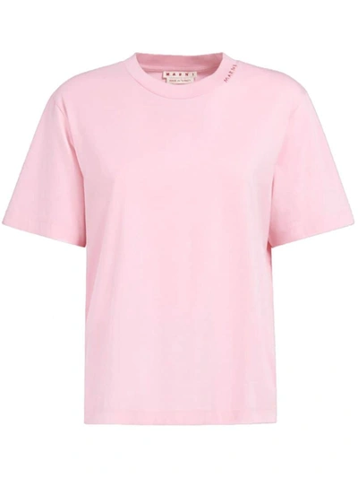 Shop Marni Logo-embroidered Cotton T-shirt In Pink Gummy