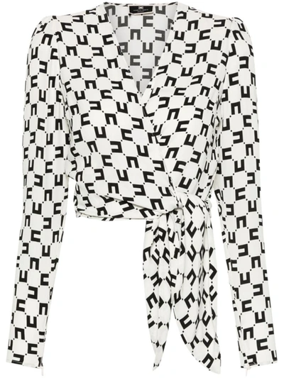 Elisabetta Franchi Logo-print Georgette Blouse In Burro Nero