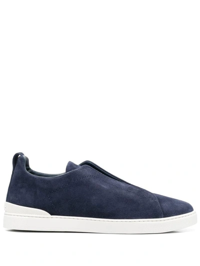 Shop Zegna Triple Stitch Low Top Sneakers Shoes In Blue