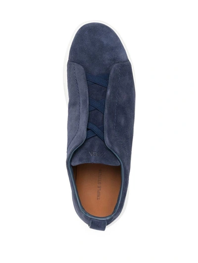 Shop Zegna Triple Stitch Low Top Sneakers Shoes In Blue