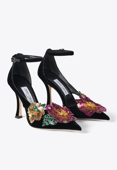 Shop Jimmy Choo Azara 100 Floral-applique Velvet Pumps In Black