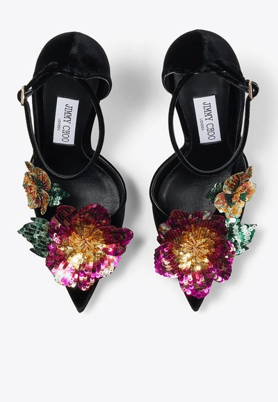 Shop Jimmy Choo Azara 100 Floral-applique Velvet Pumps In Black