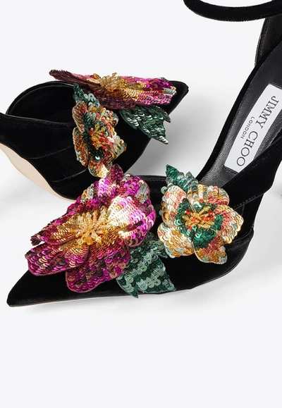 Shop Jimmy Choo Azara 100 Floral-applique Velvet Pumps In Black