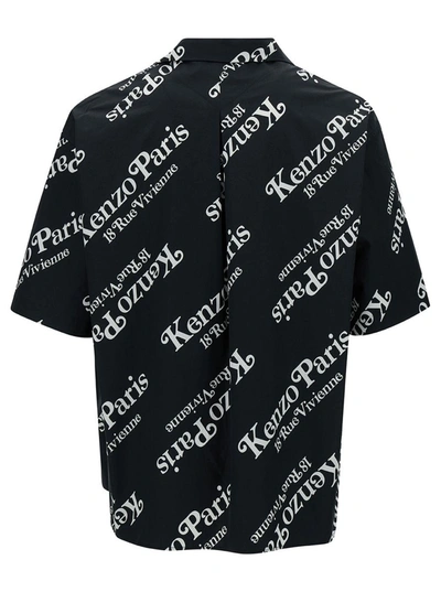 Shop Kenzo Black Bowling Shirt With All-over Logo Print In Cotton Man