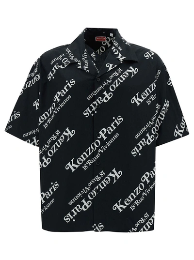 Shop Kenzo Black Bowling Shirt With All-over Logo Print In Cotton Man